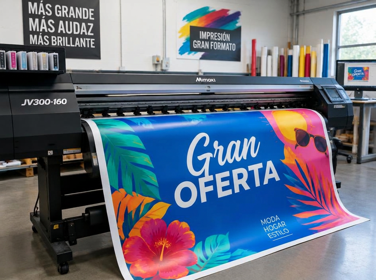 Impresora de gran formato imprimiendo una lona ilustrativa